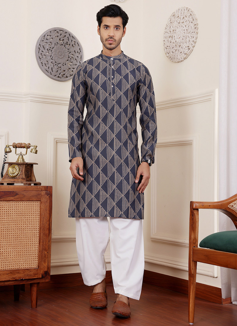 Navy Blue Modal Silk Printed Kurta Pyjama