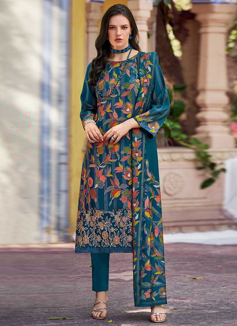 Navy Blue Muslin Thread Embroidered And Floral Print Straight Pant Suit