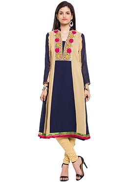 Navy Blue N Beige Knee Length Anarkali Kurti