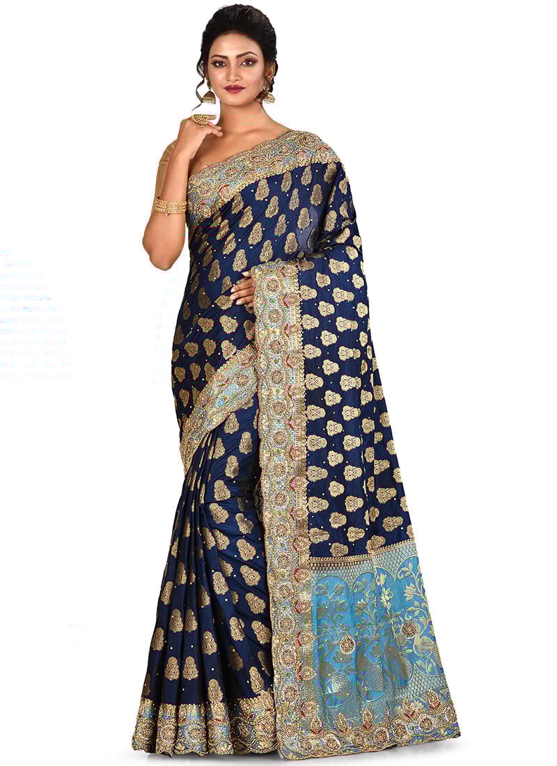 Navy Blue N Blue Kancheepuram Art Silk Saree Party Wear