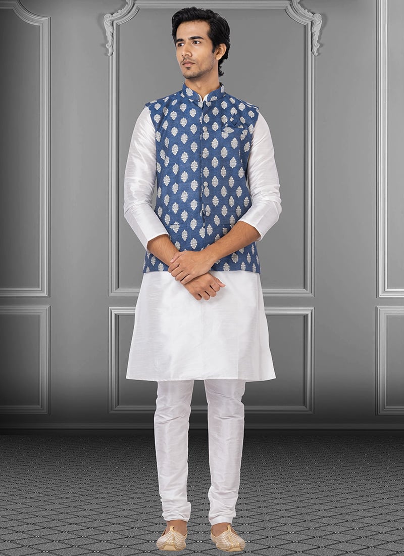 Navy Blue N White Jacquard Silk Bandi Set Party Wear
