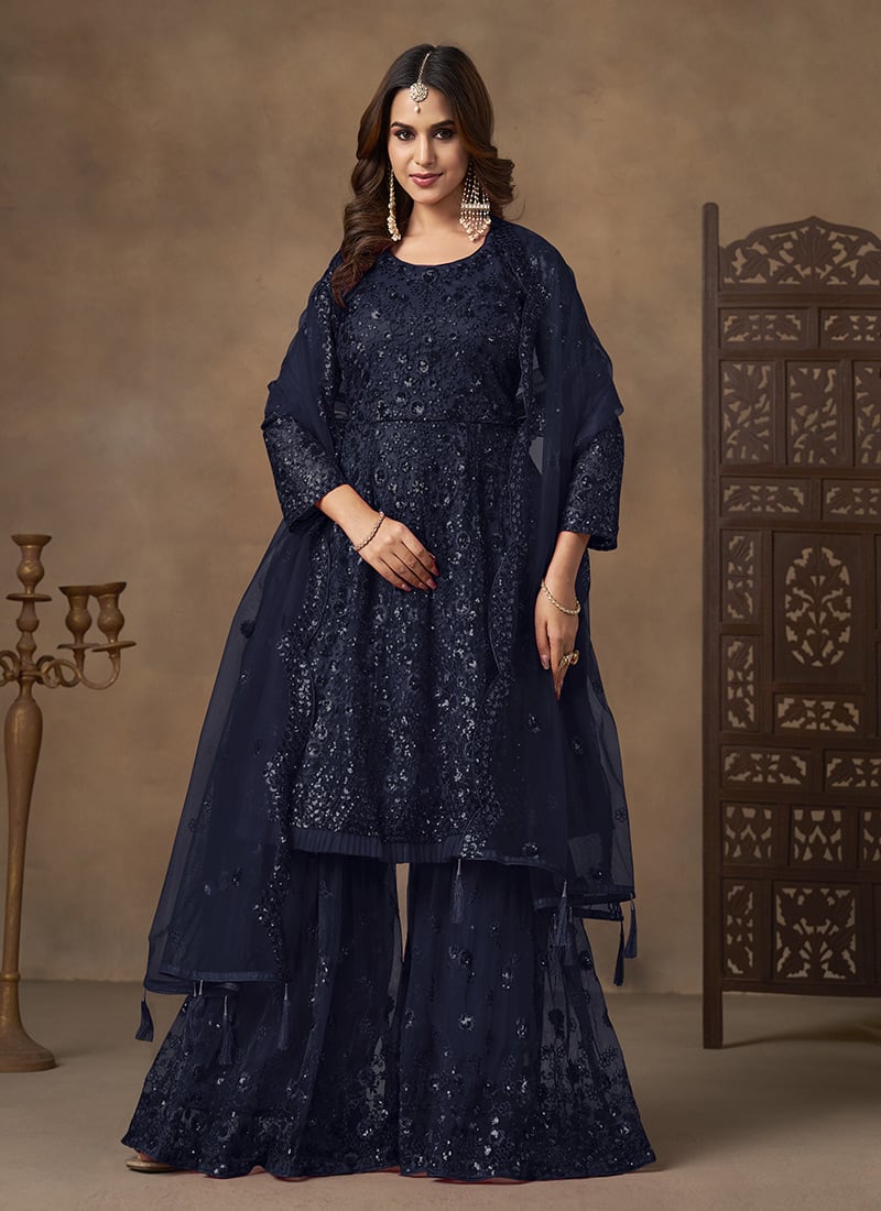 Navy Blue Net Sequins Embroidered Thread Sharara Suit Festive Wear