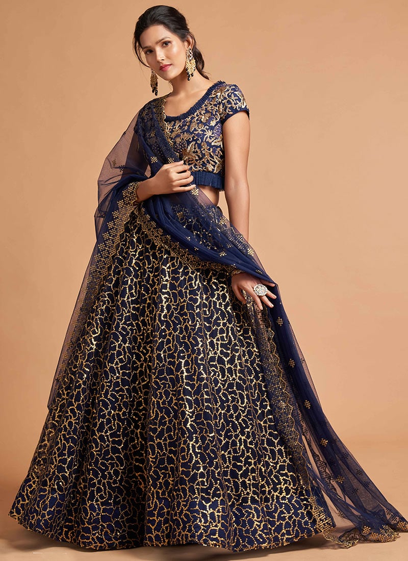 Navy Blue Net Sequins Embroidered Umbrella Lehenga Wedding Wear