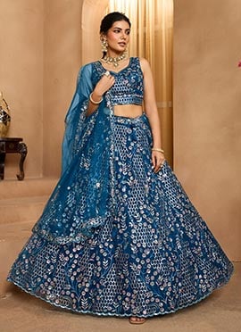 Navy Blue Net Sequins Embroidered Umbrella Lehenga Wedding Wear