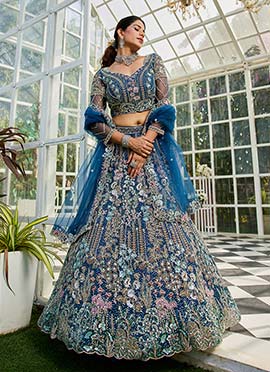 Navy Blue Net Zarkan Embroidered Sequins With Stone Work Classic Lehenga
