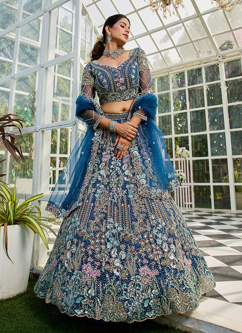 Navy Blue Net Zarkan Embroidered Sequins With Stone Work Classic Lehenga Wedding Wear