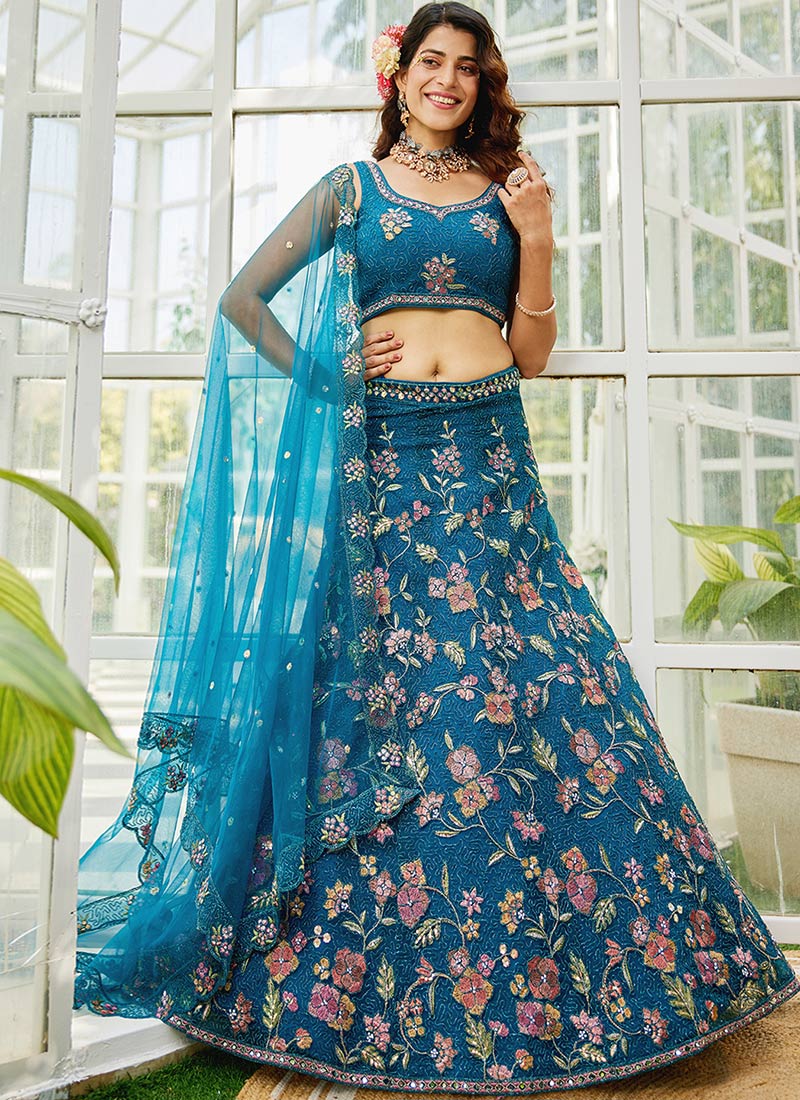Navy Blue Net Zarkan Floral Embroidered Sequins With Stone Work Lehenga Wedding Wear