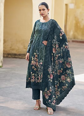 Navy Blue Organza Embroidered Sequins And Digital Print Straight Pant Suit