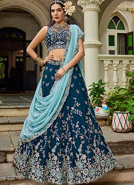 Navy Blue Organza Sequins Embroidered Lehenga Set Wedding Wear