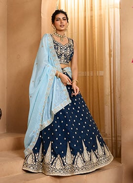 Navy Blue Organza Sequins Stones Embroidered Cut Work Umbrella Lehenga Wedding Wear