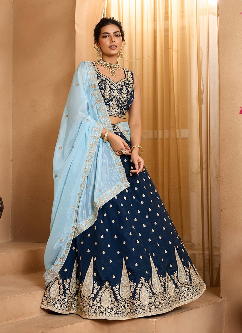 Navy Blue Organza Sequins Stones Embroidered Cut Work Umbrella Lehenga