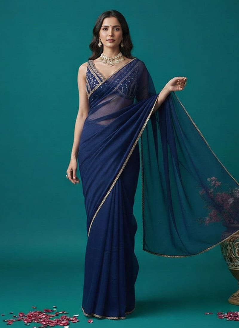Navy Blue Organza Zari Sequins Hand Embroidered Saree Wedding Wear