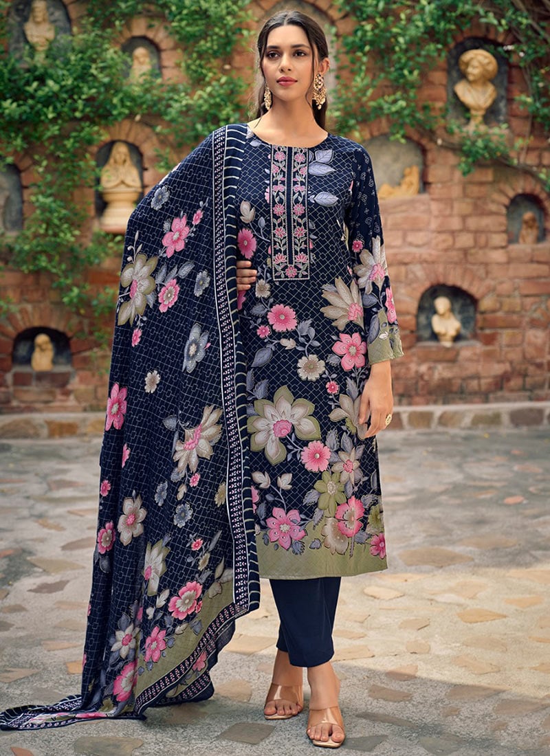 Navy Blue Pashmina Digital Print Embroidered Straight Pant Suit After Six Wear
