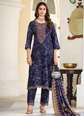 Navy Blue Pashmina Embroidered Straight Pant Suit With Digital Print Dupatta