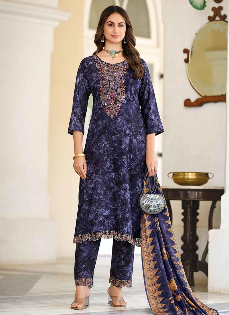 Navy Blue Pashmina Embroidered Straight Pant Suit With Digital Print Dupatta After Six Wear