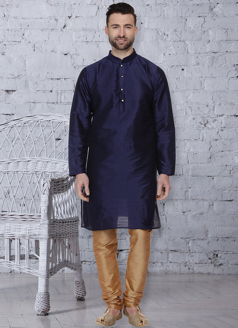 Navy Blue Plain Kurta Pyjama Set