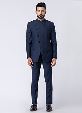 Navy Blue Polyester Bandhgala Suits