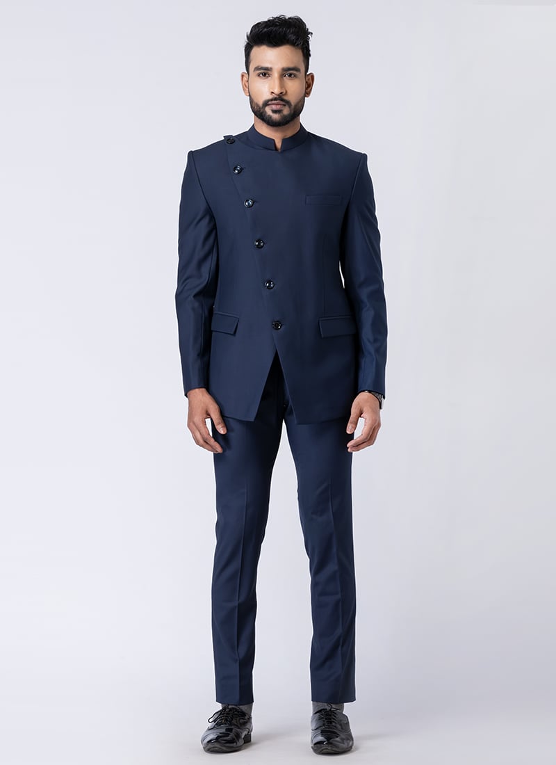 Navy Blue Polyester Bandhgala Suits Wedding Wear
