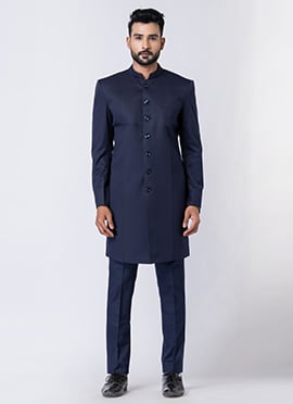 Navy Blue Polyester Bandhgala Suits