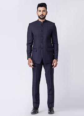 Navy Blue Polyester Bandhgala Suits