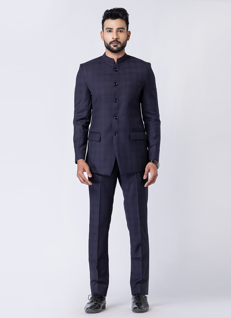 Navy Blue Polyester Bandhgala Suits Wedding Wear