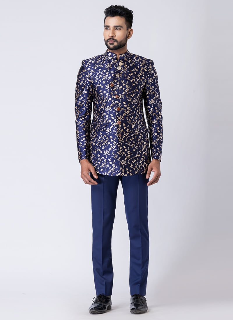 Navy Blue Polyester Bandhgala Suits Wedding Wear