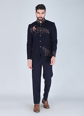 Navy Blue Polyester Cotton Embroidered Beads Bandhgala Suit