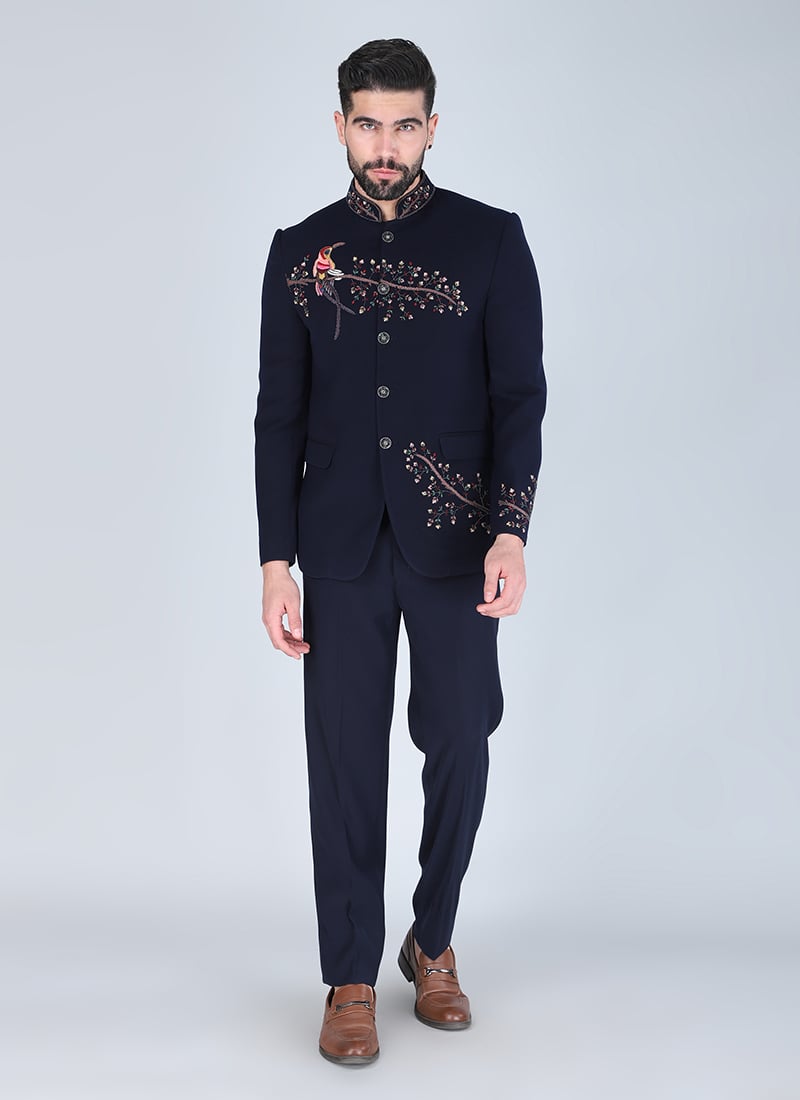 Navy Blue Polyester Cotton Embroidered Beads Bandhgala Suit Wedding Wear