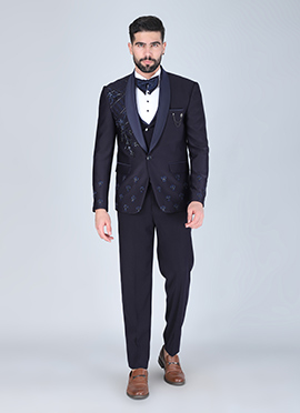 Navy Blue Polyester Cotton Sequins Embroidered Beads Zardosi Tuxedo Suit