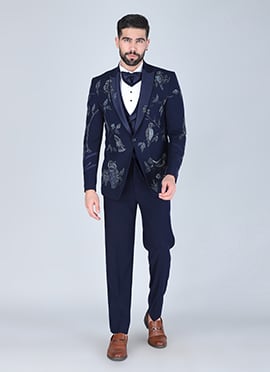 Navy Blue Polyester Cotton Sequins Tuxedo Suit