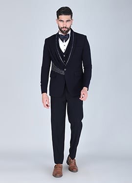 Navy Blue Polyester Cotton Tuxedo Suit