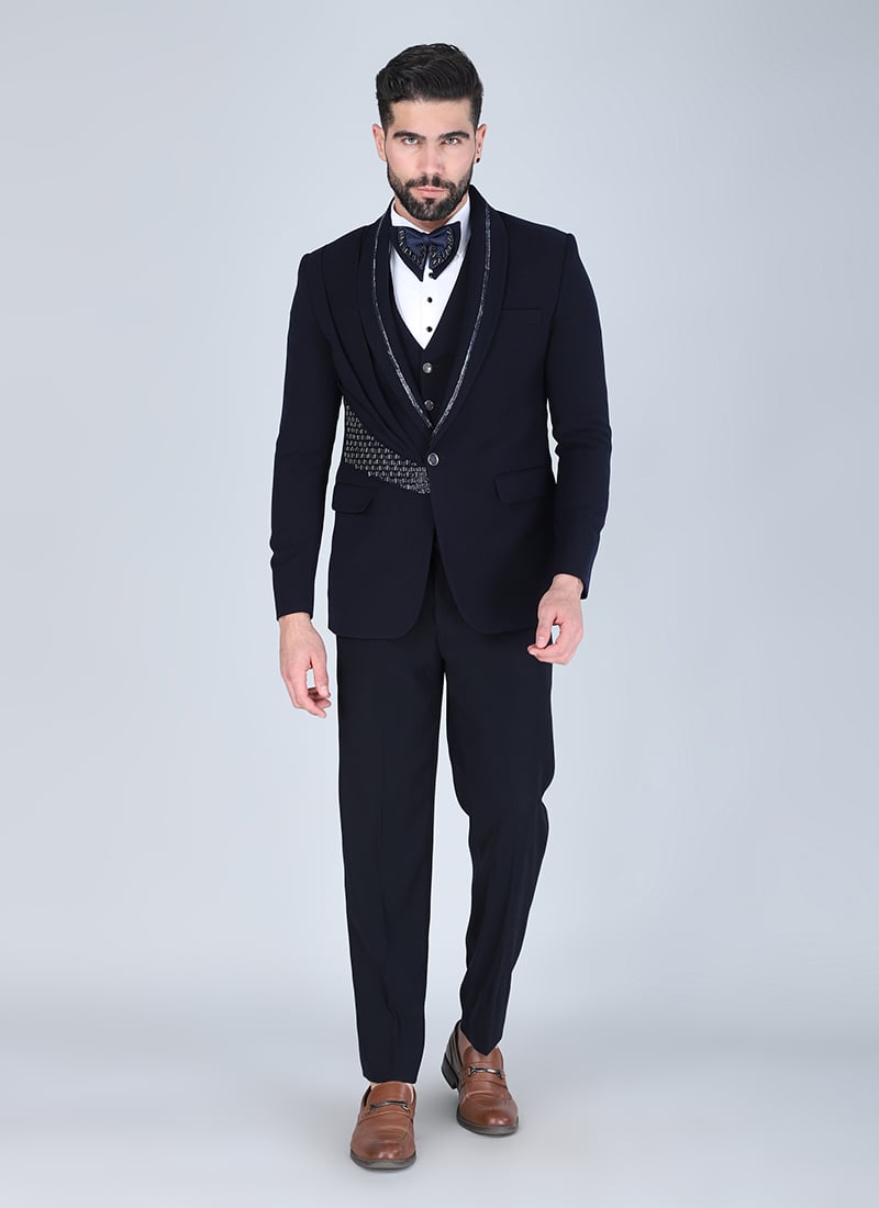 Navy Blue Polyester Cotton Tuxedo Suit Wedding Wear