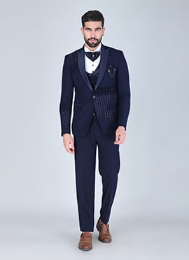 Navy Blue Polyester Cotton Tuxedo Suit