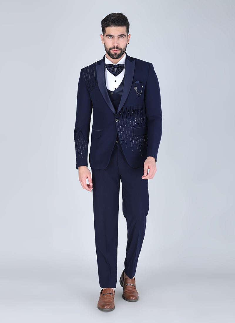 Navy Blue Polyester Cotton Tuxedo Suit Wedding Wear
