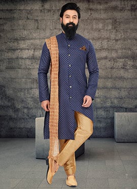 Navy Blue Printed Cotton Silk Indowestern Sherwani