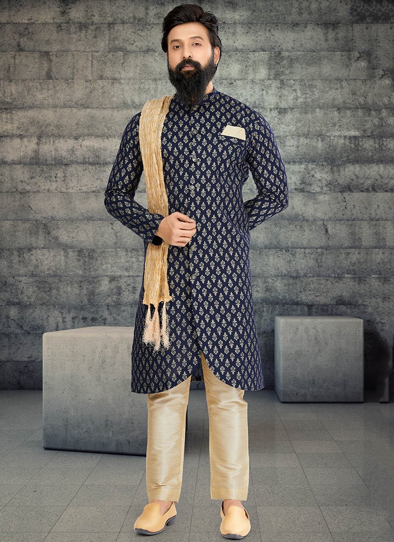 Navy Blue Printed Cotton Silk Indowestern Sherwani Party Wear