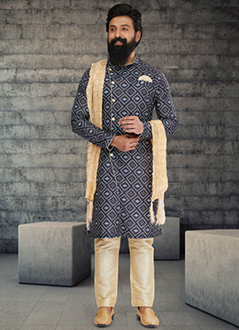 Navy Blue Printed Cotton Silk Indowestern Sherwani