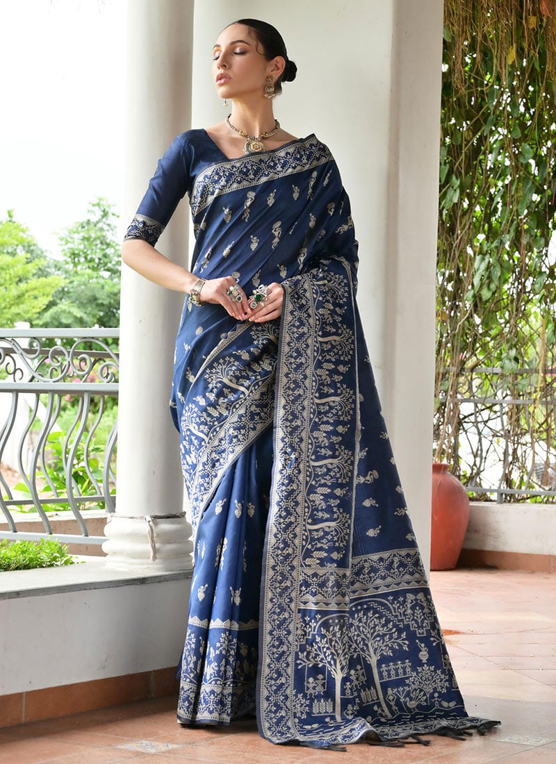 Navy Blue Raw Silk Handloom Woven Saree Festive Wear