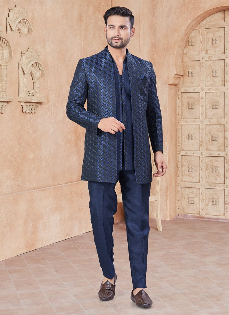 Navy Blue Raw Silk Jacquard Embroidered Sequins Jacket Style Indowestern Sherwani   Wedding Wear