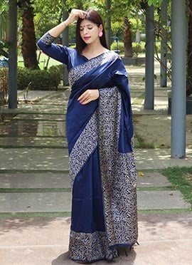 Navy Blue Raw Silk Printed Saree