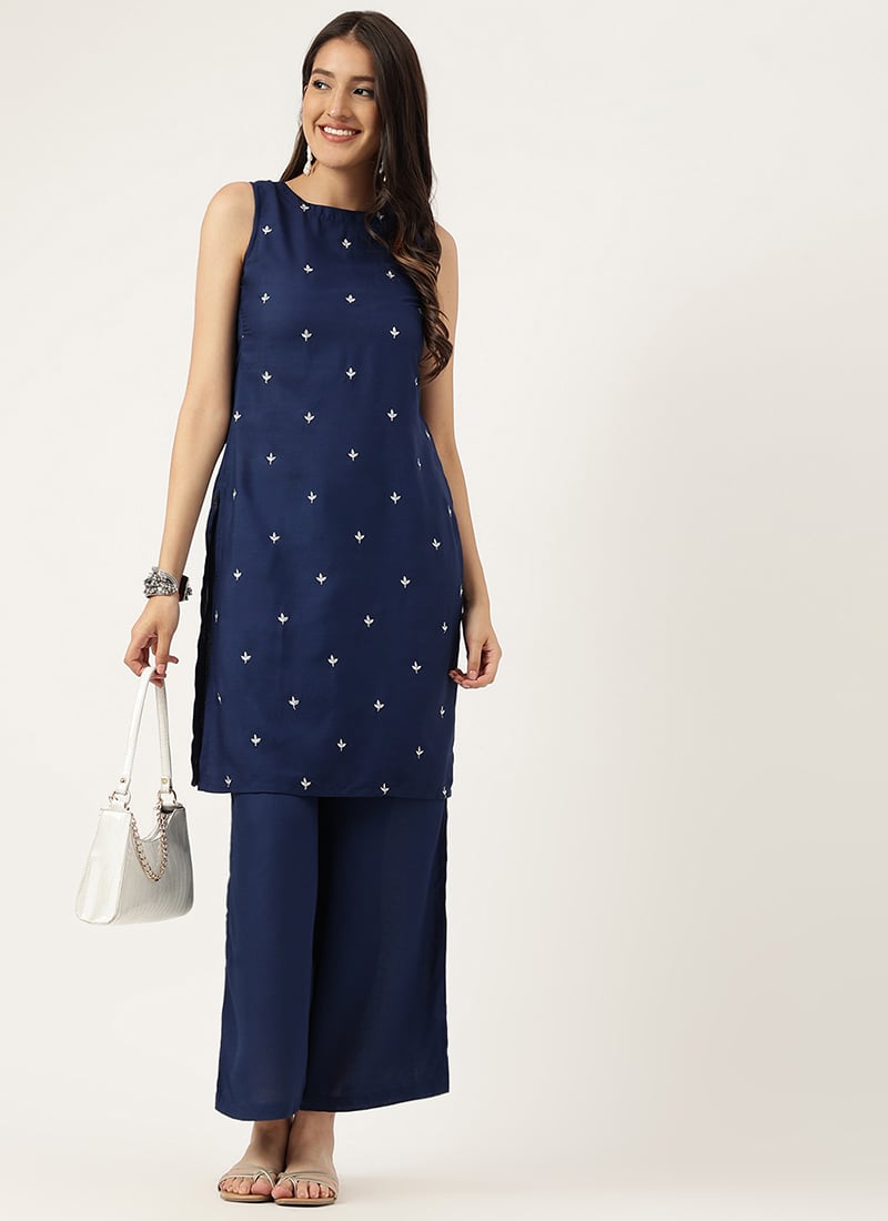 Navy Blue Rayon Embroidered Butti Kurta Palazzo Set