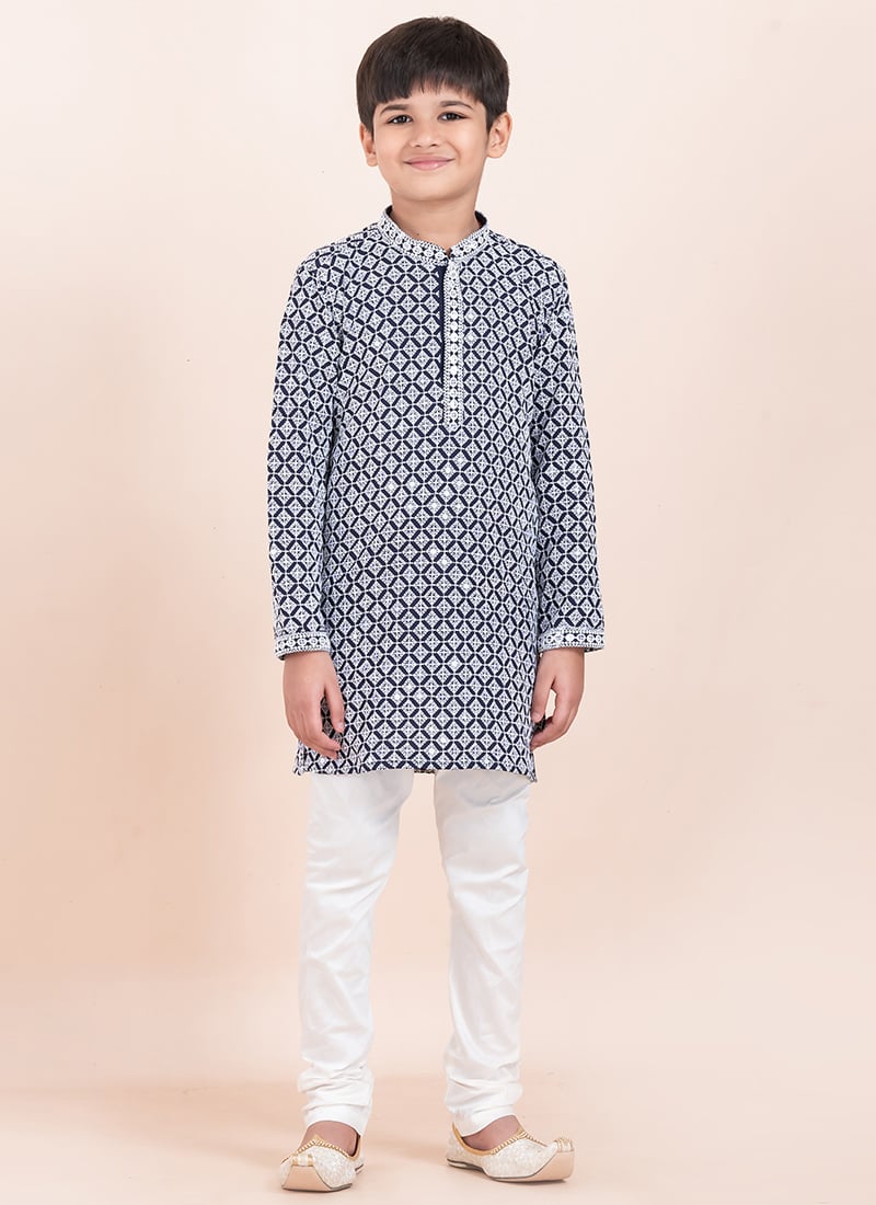 Navy Blue Rayon Embroidered Sequins Kids Boys Kurta Pyjama Festive Wear
