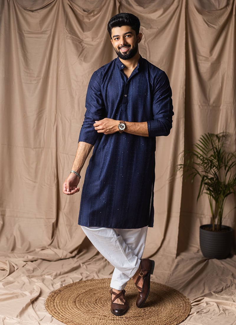 Navy Blue Rayon Embroidered Sequins Kurta Pyjama Festive Wear