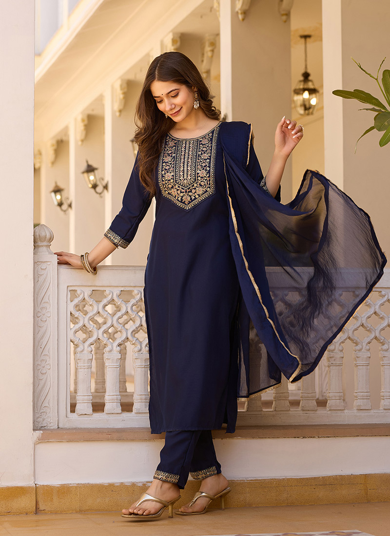 Navy Blue Rayon Embroidered Straight Pant Suit Festive Wear