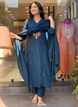 Navy Blue Rayon Embroidered Straight Pant Suit