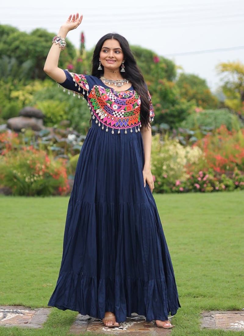 Navy Blue Rayon Kutch Gamthi Work Anarkali Gown