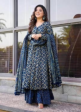 Navy Blue Rayon Printed Anarkali Palazzo Suit