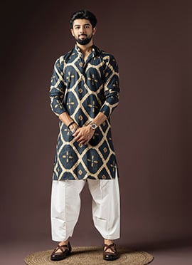 Navy Blue Rayon Printed Kurta Pyjama