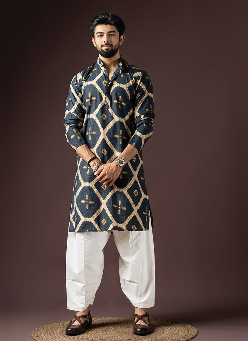 Navy Blue Rayon Printed Kurta Pyjama Festive Wear