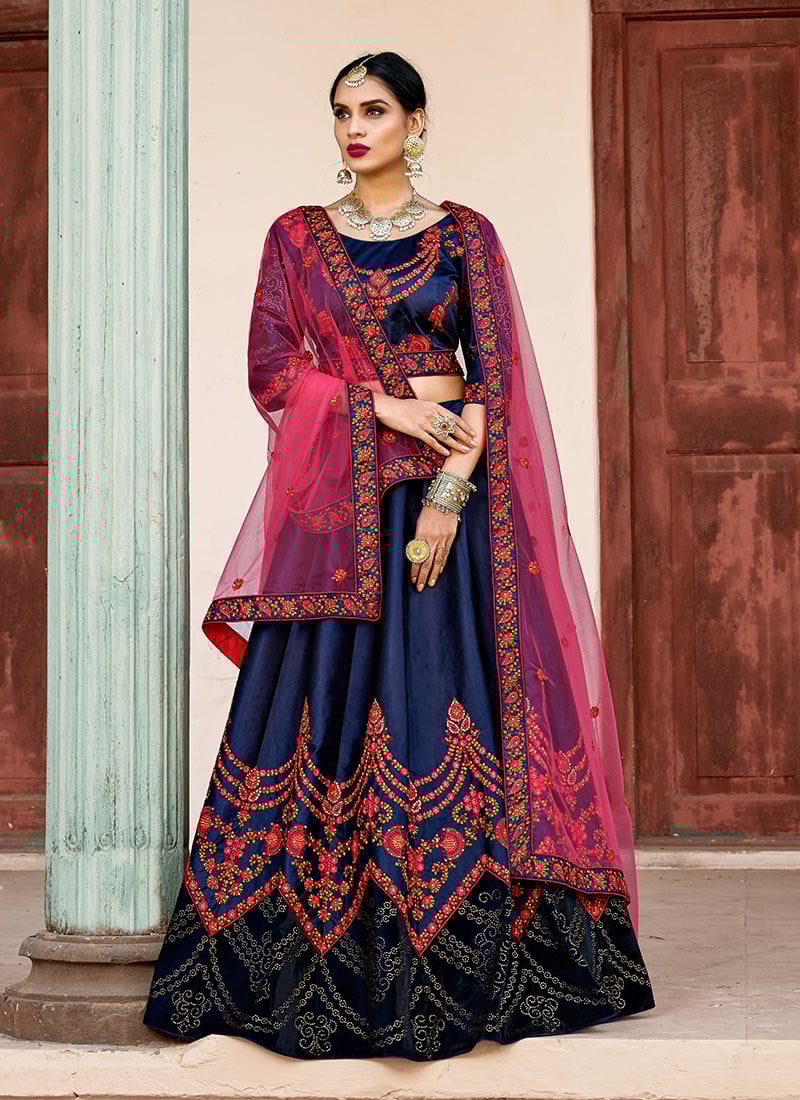 Navy Blue Satin Blend Embroidered Umbrella Lehenga Festive Wear